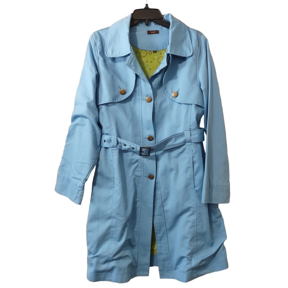 Escio Trench Coat Womens Large Button Up Belt Pockets Blue Ladies Style Collared